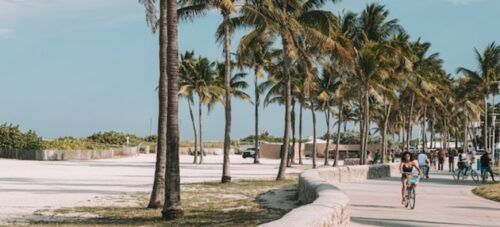 People walking and biking near the beach