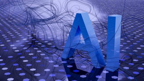 Blue letters spelling “AI” on a blue background